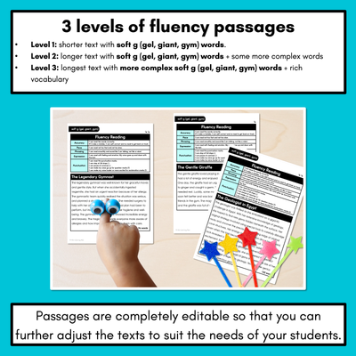 Editable Differentiated Decodable Fluency Texts - soft g (gel, giant, gym)