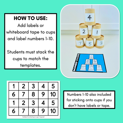 Number Stacks - Cup Stacking Templates - Numbers 1-10 - FINGERS