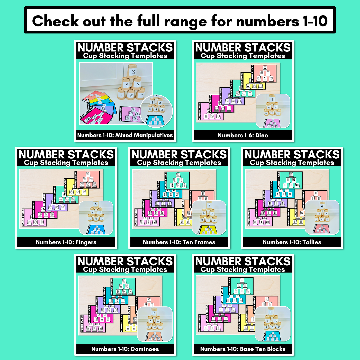 Number Stacks - Cup Stacking Templates - Numbers 1-10 - FINGERS