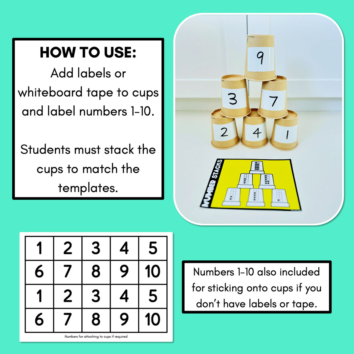 Number Stacks - Cup Stacking Templates - Numbers 1-10 - TEN FRAMES