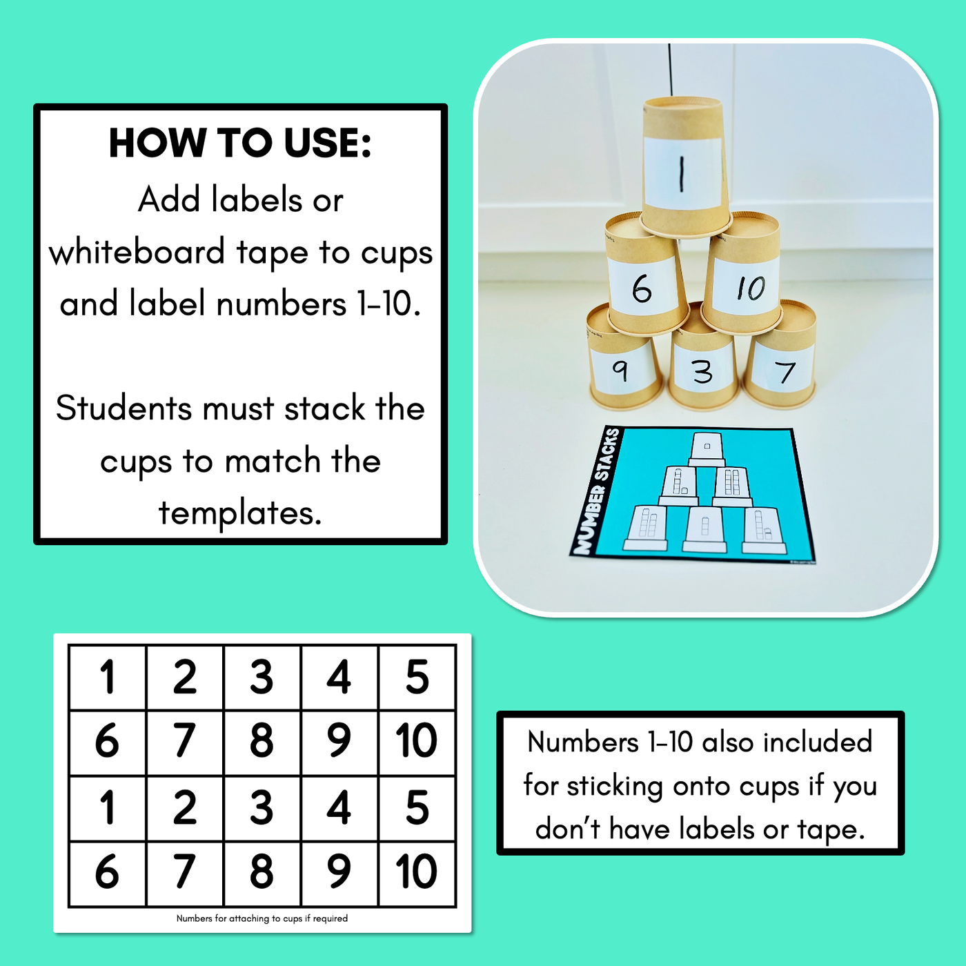 Number Stacks - Cup Stacking Templates - Numbers 1-10 - BASE TEN BLOCKS