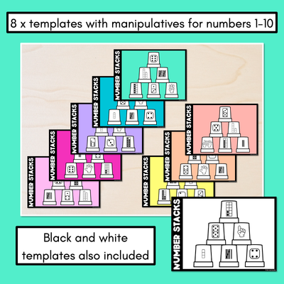 Number Stacks - Cup Stacking Templates - Numbers 1-10 - Dice, Fingers, Dominoes, Tallies, Ten Frames & Base Ten Blocks