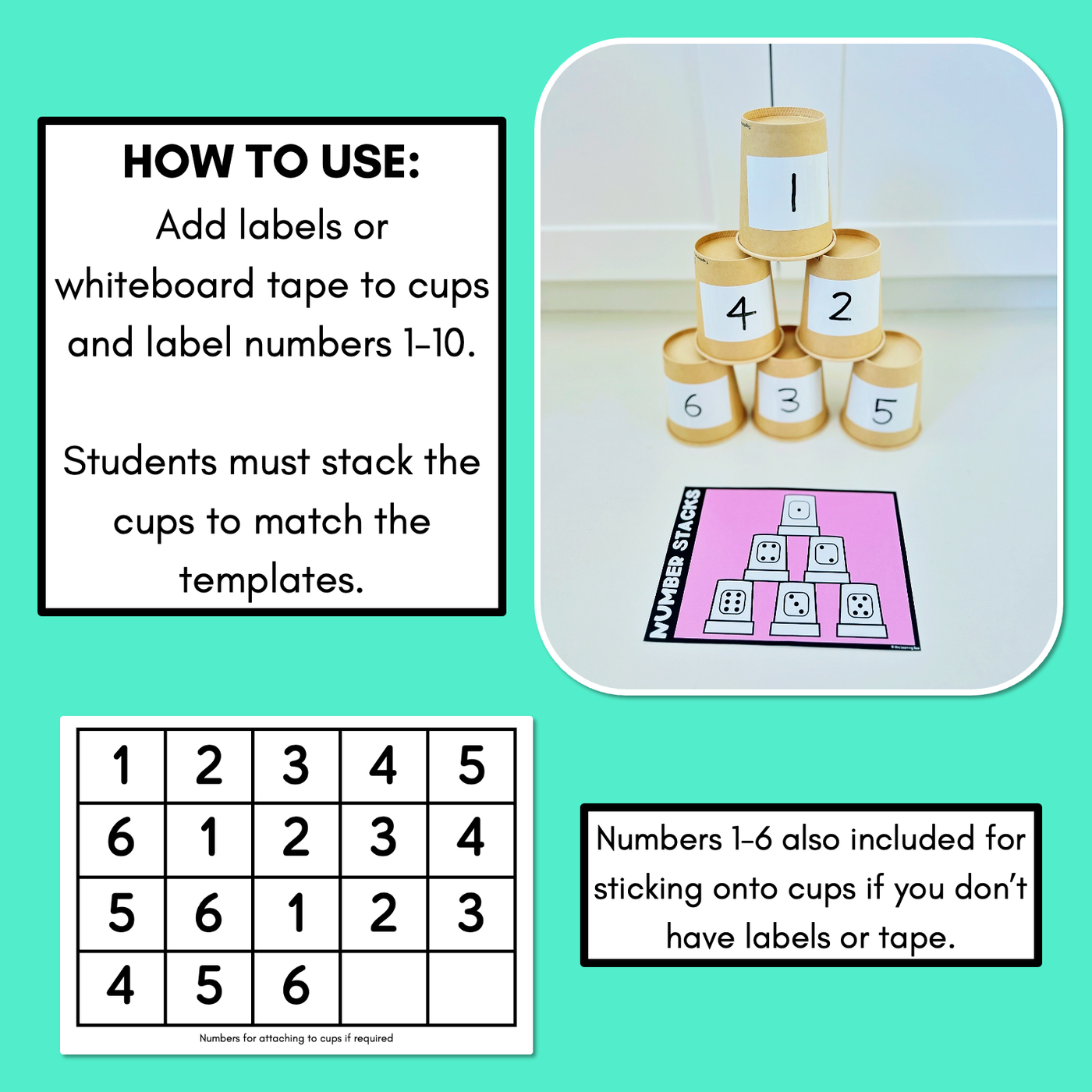 Number Stacks - Cup Stacking Templates - Numbers 1-6 - DICE