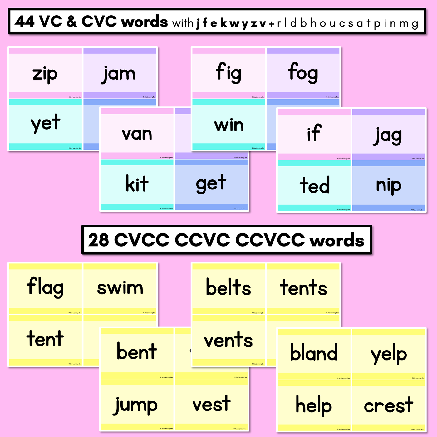 CVC CVCC CCVC Decodable Words and Sentence Cards - Set 3 - j f e k w y z v
