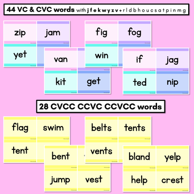 CVC CVCC CCVC Decodable Words and Sentence Cards - Set 3 - j f e k w y z v