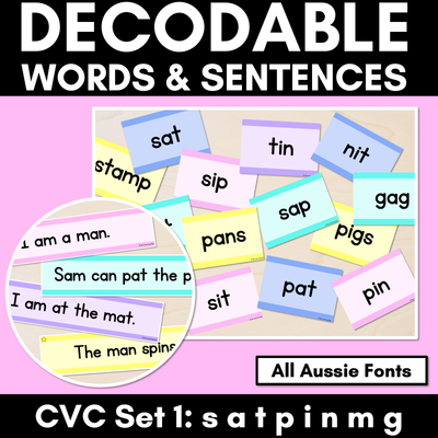 CVC CVCC CCVC Decodable Words and Sentence Cards - Set 1 - s a t p i n m g