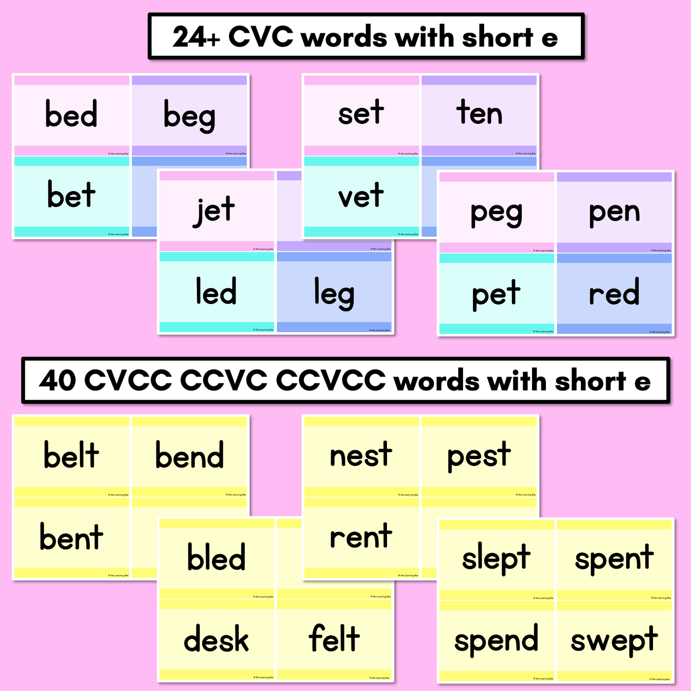 CVC CVCC CCVC Short E Decodable Words and Sentence Cards