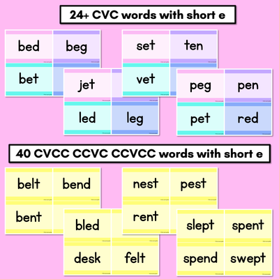 CVC CVCC CCVC Short E Decodable Words and Sentence Cards