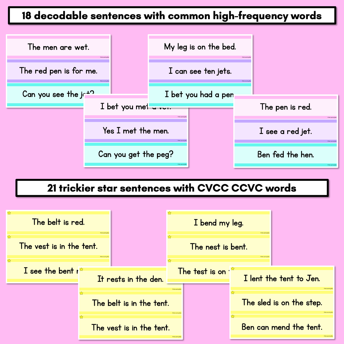 CVC CVCC CCVC Short E Decodable Words and Sentence Cards