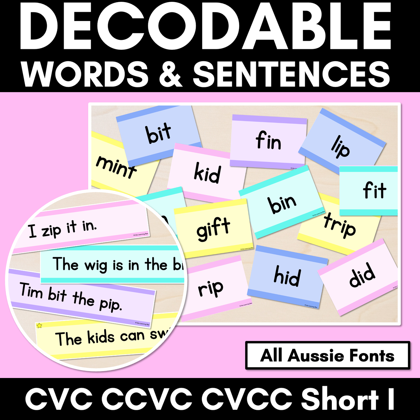 CVC CVCC CCVC Short I Decodable Words and Sentence Cards - All Australian Fonts - Free