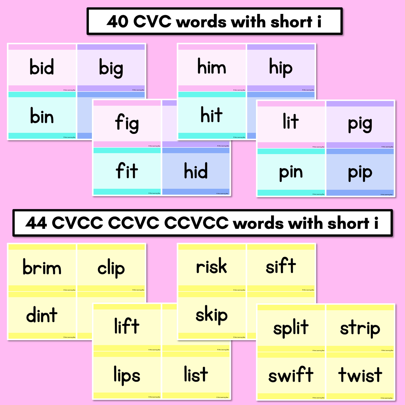 CVC CVCC CCVC Short I Decodable Words and Sentence Cards