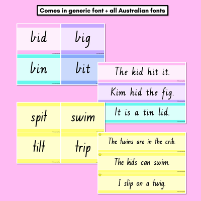 CVC CVCC CCVC Short I Decodable Words and Sentence Cards - All Australian Fonts - Free