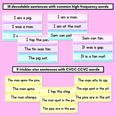 CVC CVCC CCVC Decodable Words and Sentence Cards - Set 1 - s a t p i n m g