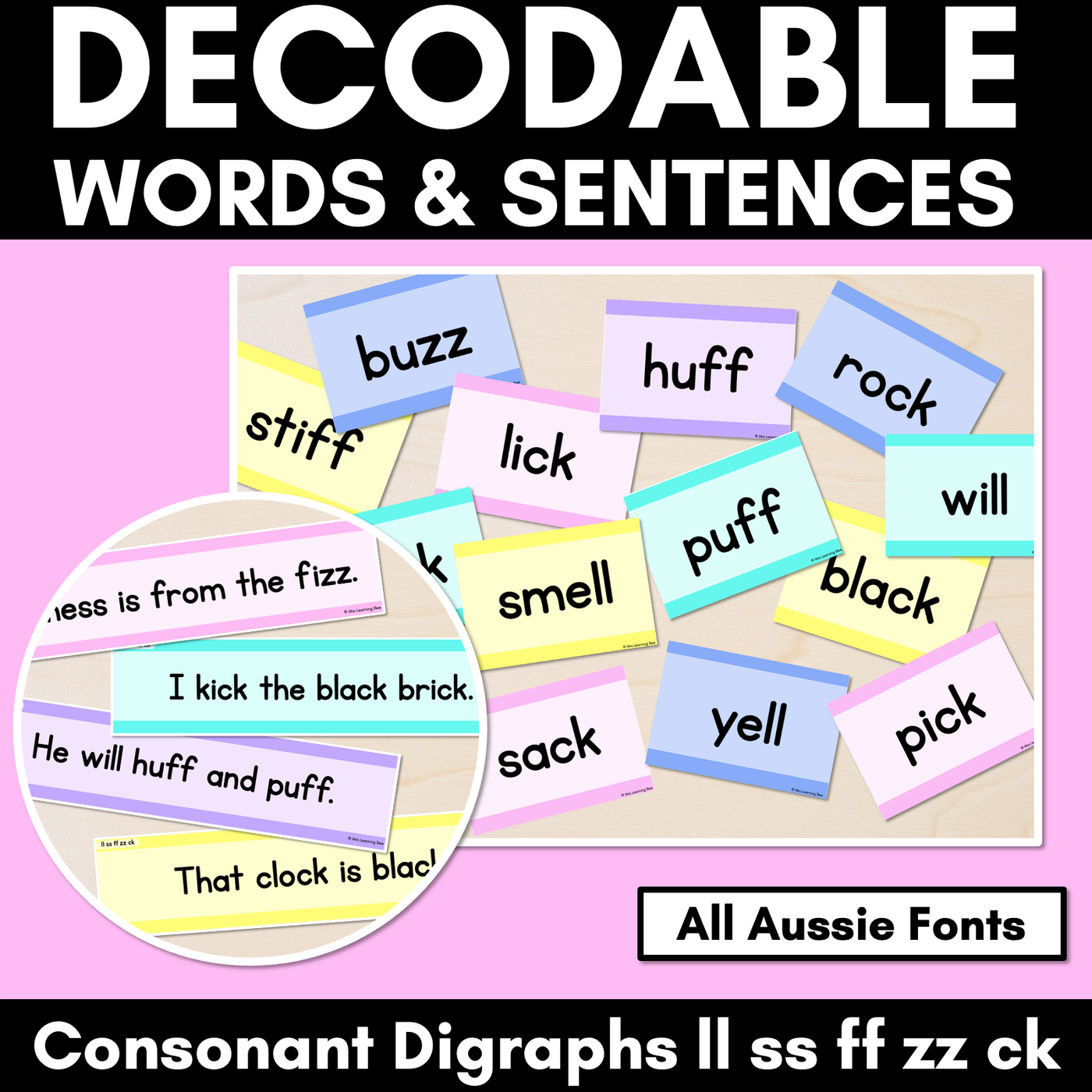 Consonant Digraphs LL SS FF ZZ CK Decodable Words and Sentence Cards