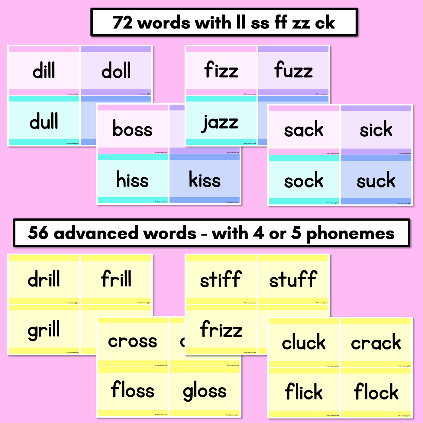 Consonant Digraphs LL SS FF ZZ CK Decodable Words and Sentence Cards