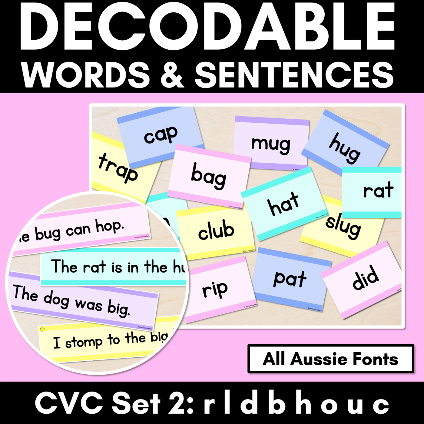 CVC CVCC CCVC Decodable Words and Sentence Cards - Set 2 - r l d b h o u c