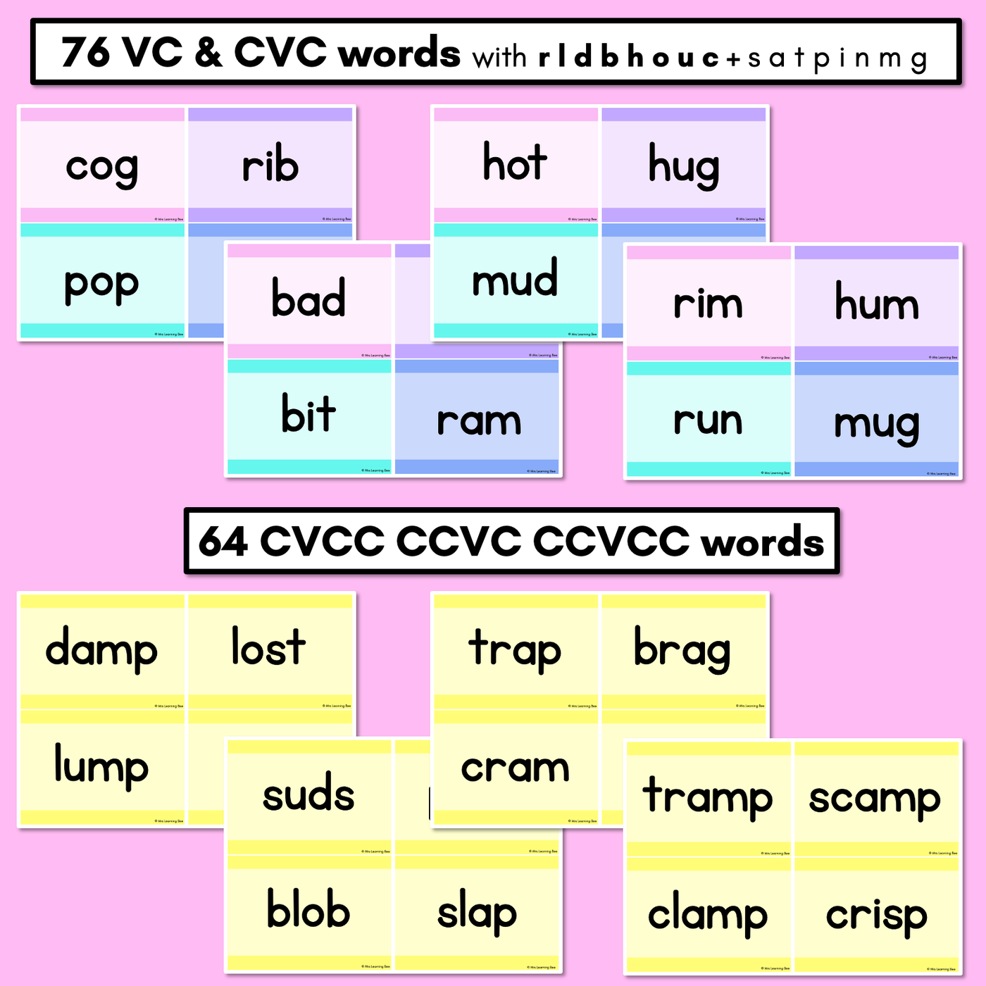 CVC CVCC CCVC Decodable Words and Sentence Cards - Set 2 - r l d b h o u c