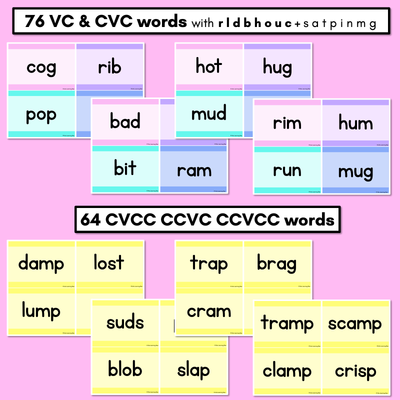 CVC CVCC CCVC Decodable Words and Sentence Cards - Set 2 - r l d b h o u c