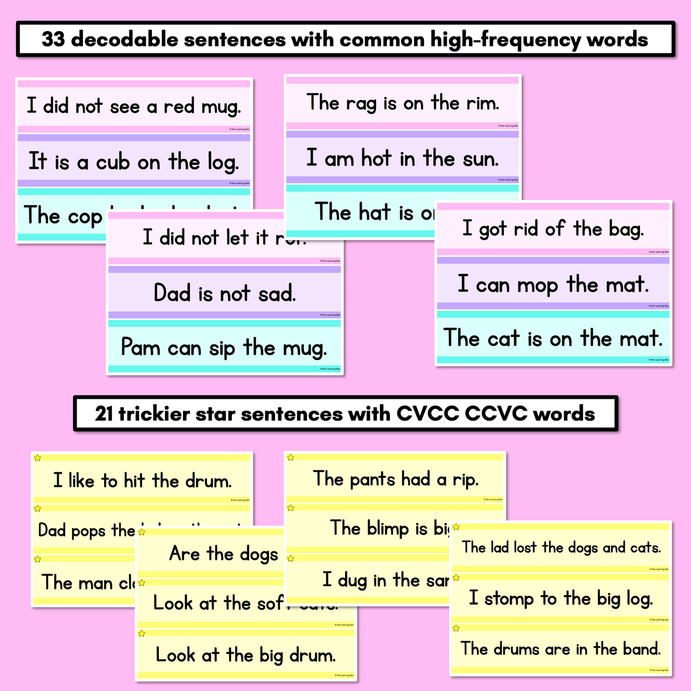 CVC CVCC CCVC Decodable Words and Sentence Cards - Set 2 - r l d b h o u c