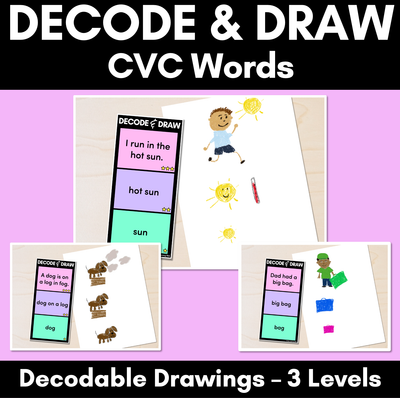 DECODE & DRAW - CVC Words - Decodable Drawing Phonics Task Cards