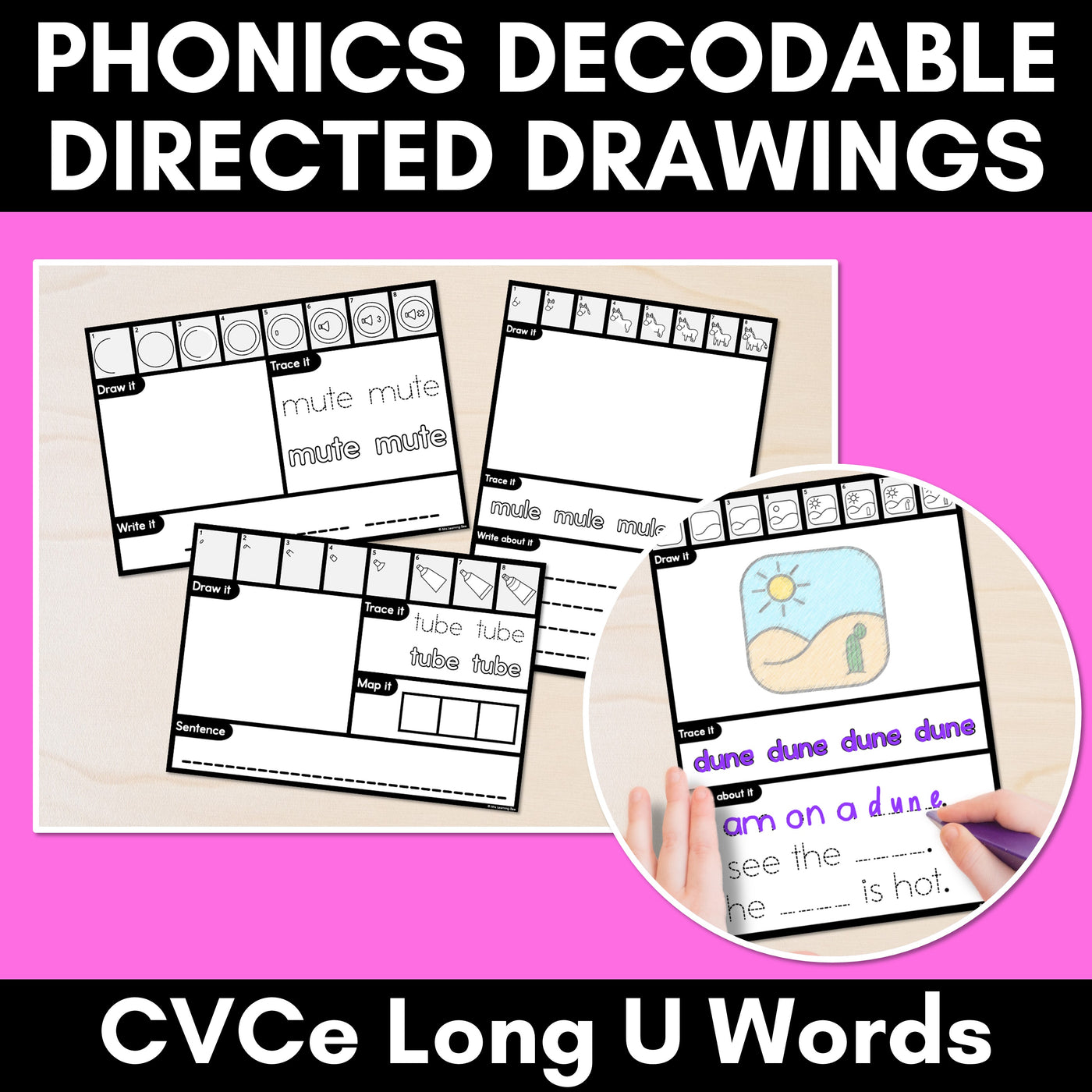 PHONICS DECODABLE DIRECTED DRAWINGS - CVCe Words Long U