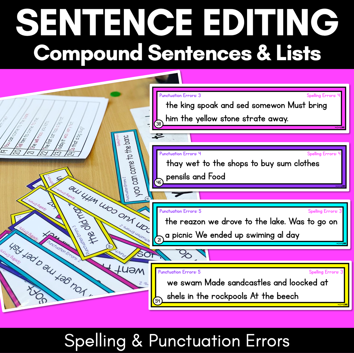 SENTENCE EDITING TASK CARDS - Compound Sentences & Lists