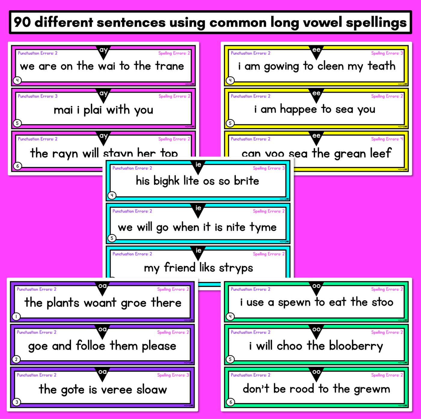 SENTENCE EDITING TASK CARDS - Long Vowel Decodable Sentences
