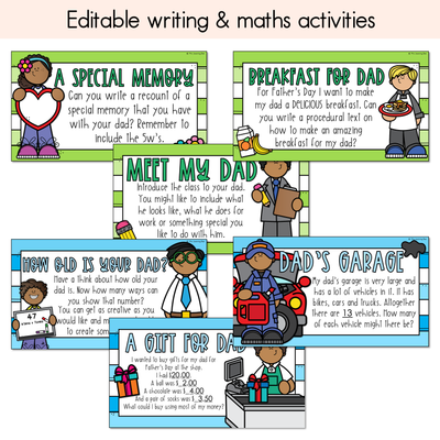 Father's Day Prompts - Editable Slides - Writing, Maths & Design Activities for Father's Day