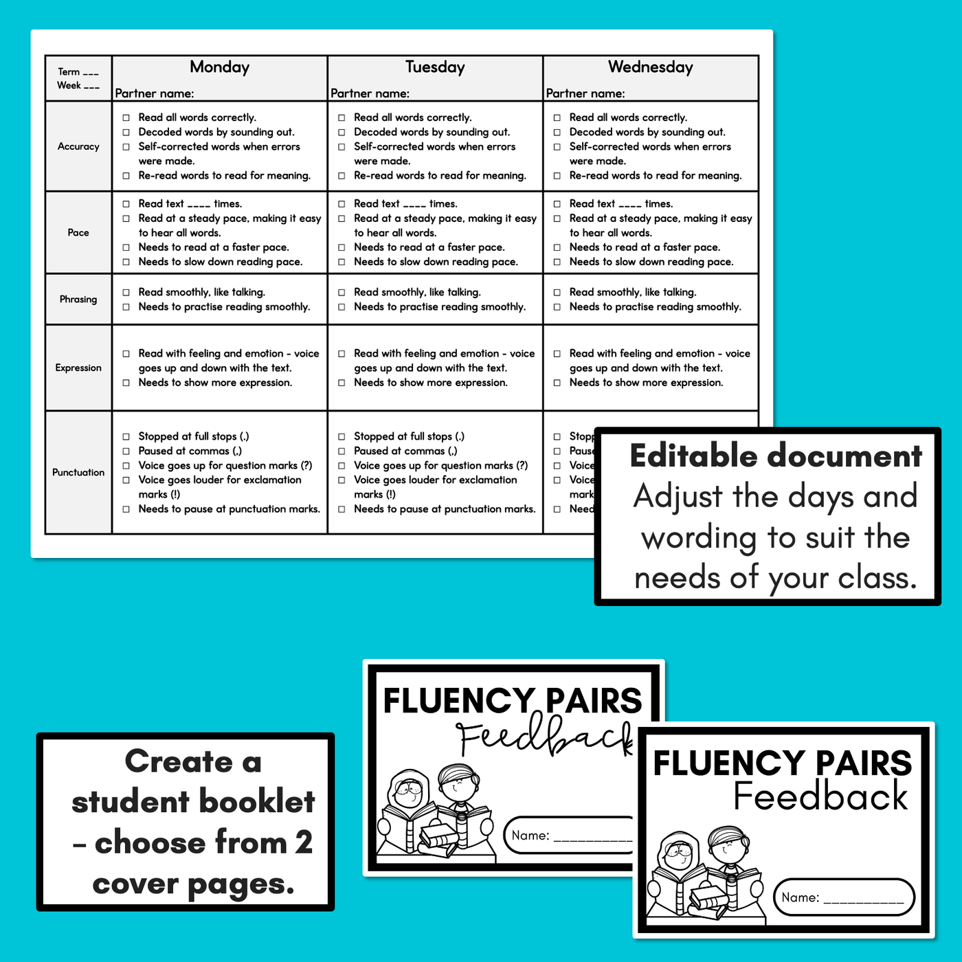 Reading Fluency Pairs - Editable Peer Feedback Templates