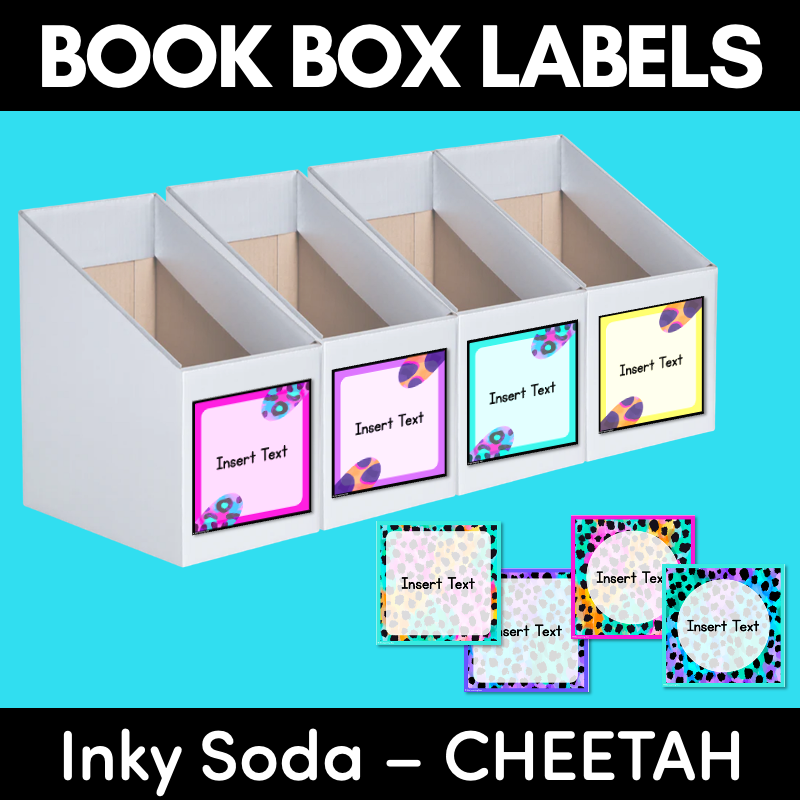 BOOK BOX HOLDER EDITABLE LABELS - Inky Soda CHEETAH Collection