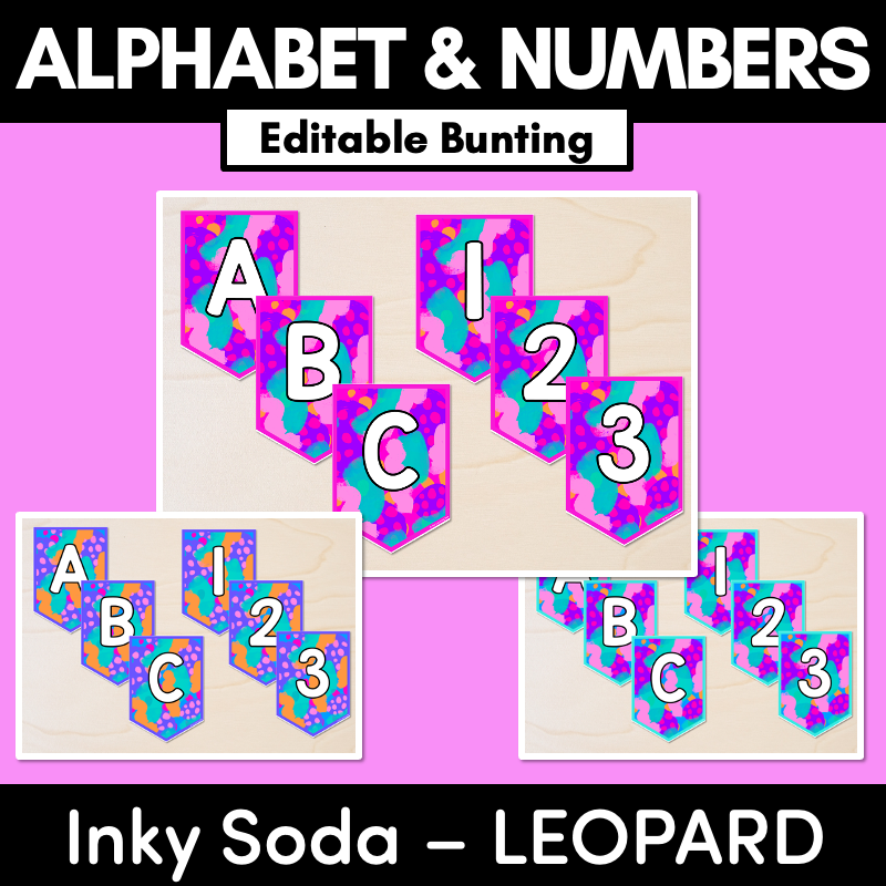 EDITABLE BUNTING - Alphabet & Numbers - Inky Soda LEOPARD Collection