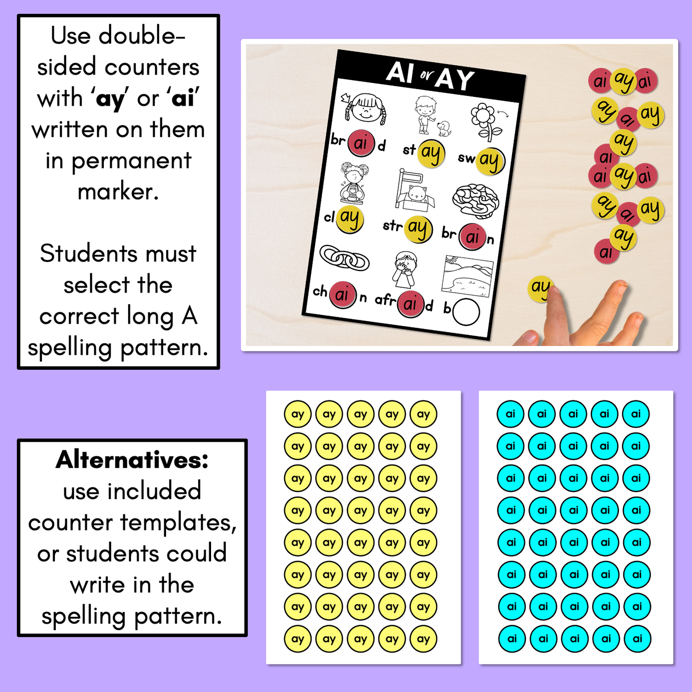 AI or AY - Pick the correct spelling pattern - Long A Task Cards