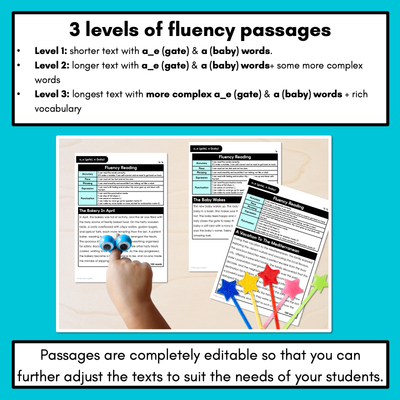 Editable Differentiated Decodable Fluency Texts - a_e (gate), a (baby)