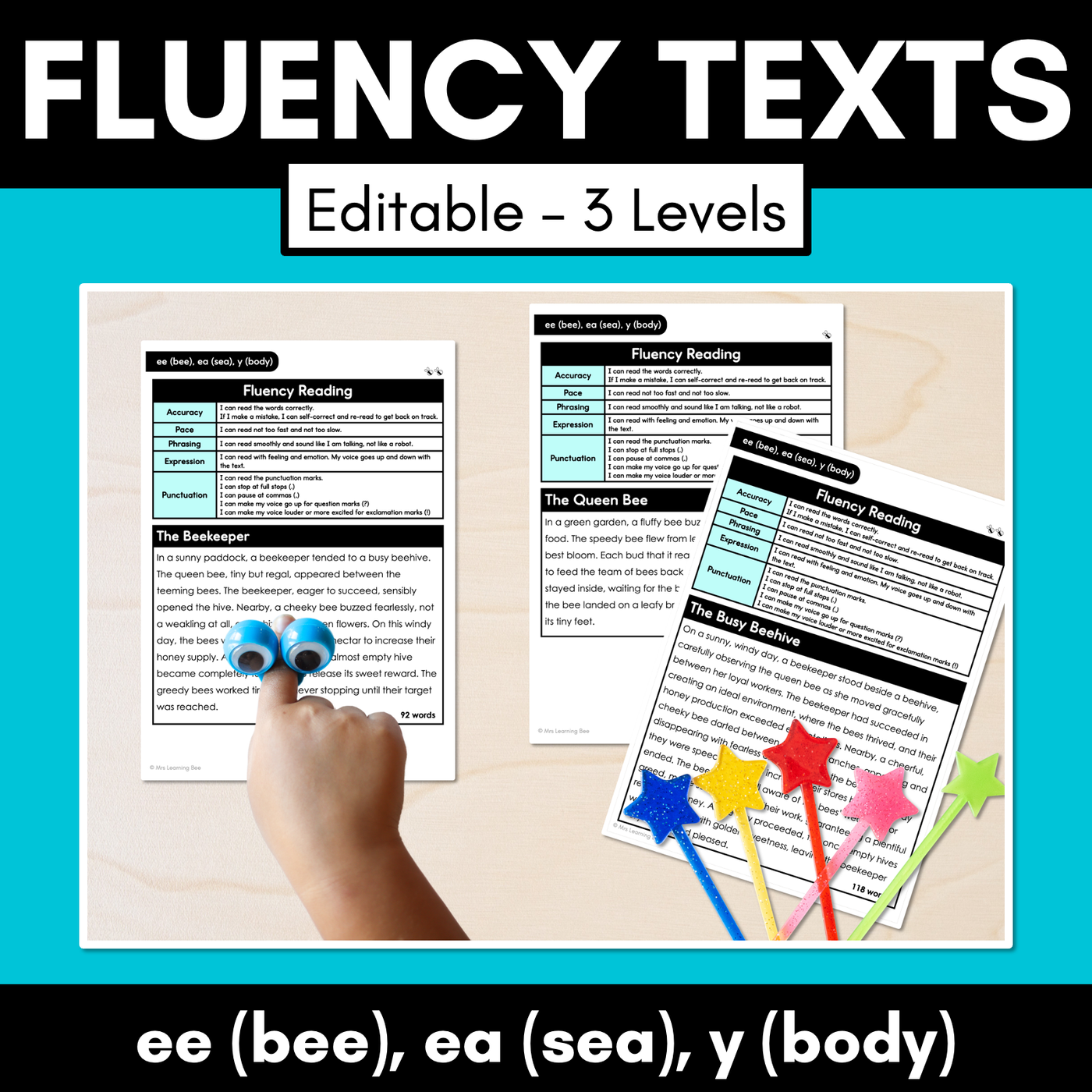 Editable Differentiated Decodable Fluency Texts - ee (bee), ea (sea), y (body)