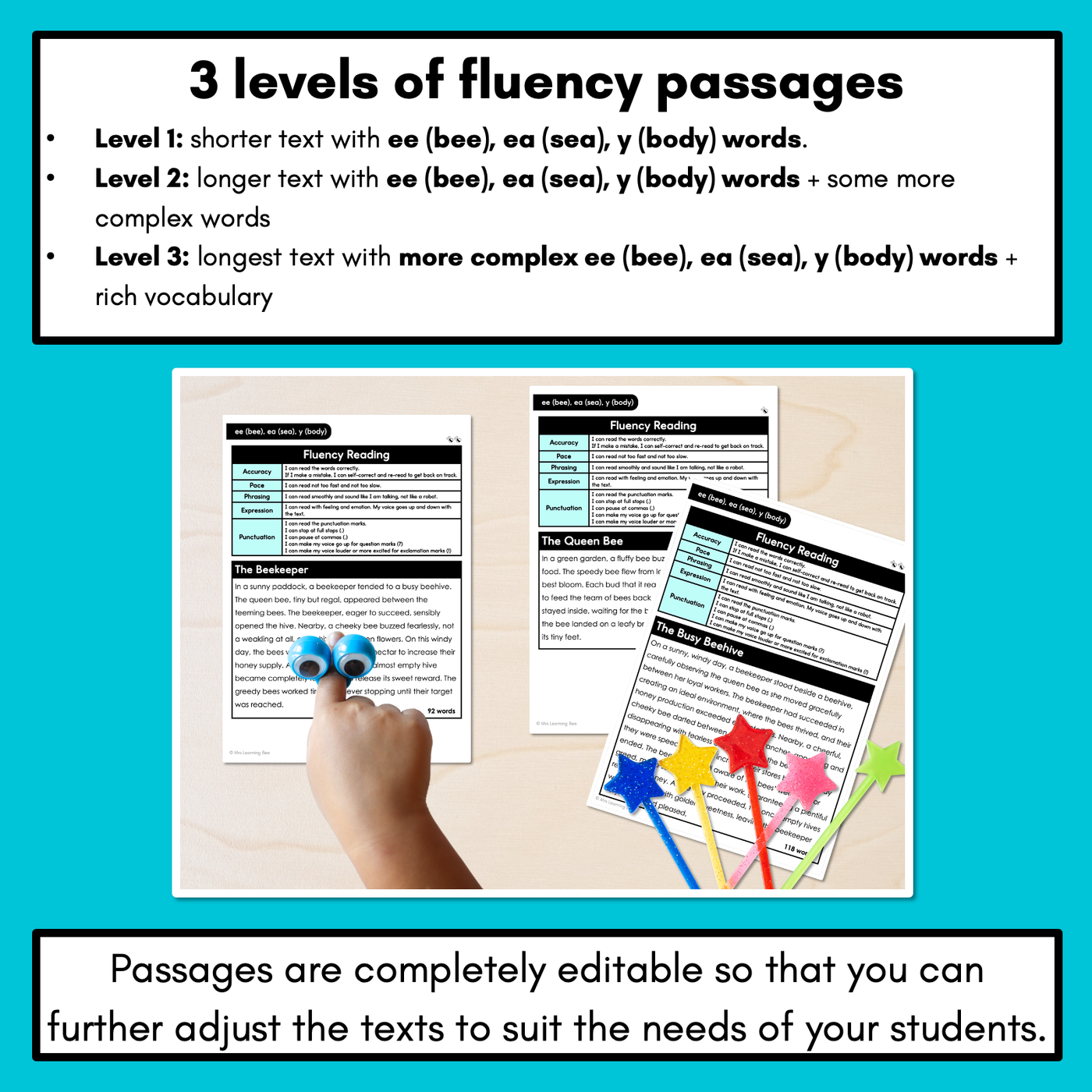 Editable Differentiated Decodable Fluency Texts - ee (bee), ea (sea), y (body)