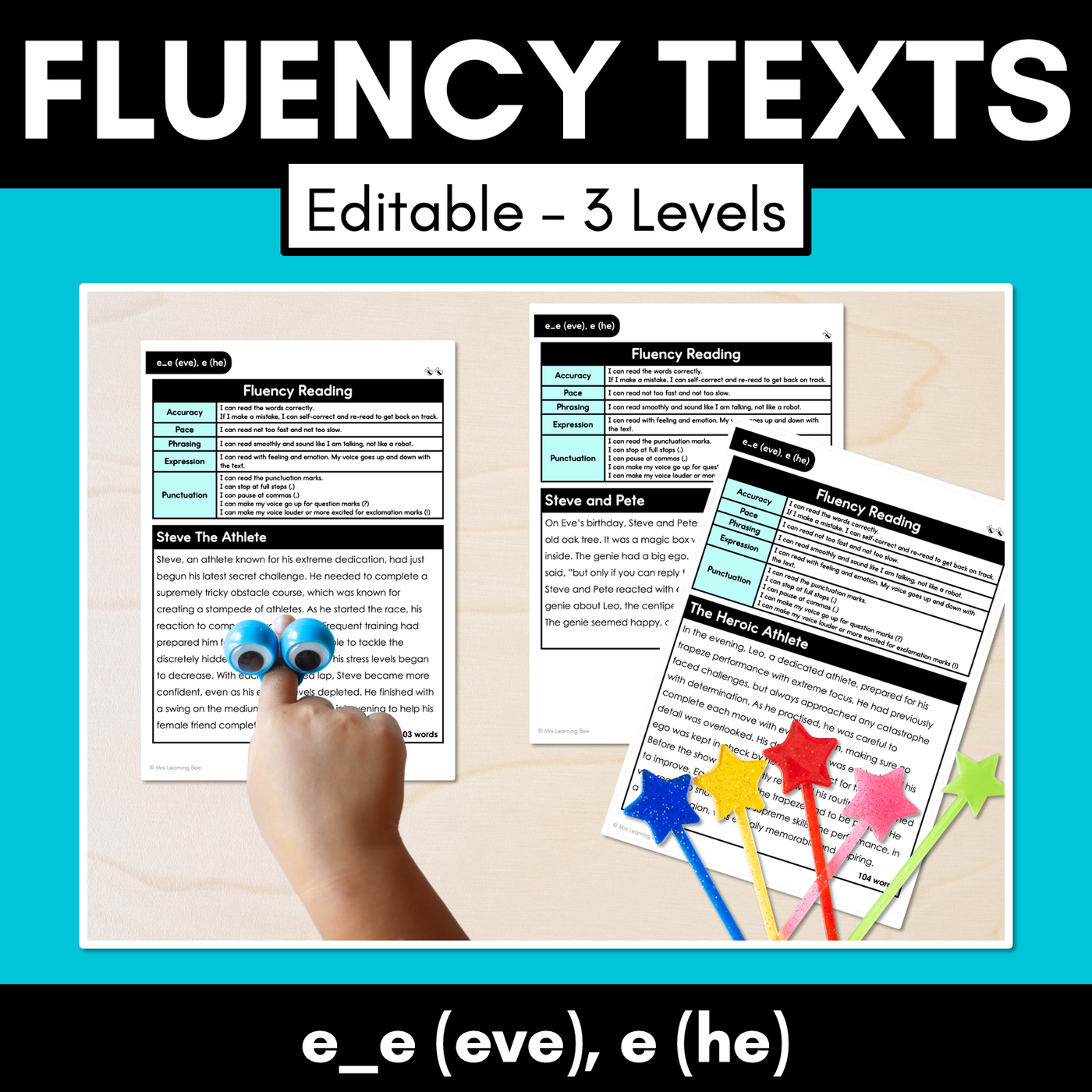 Editable Differentiated Decodable Fluency Texts - e_e (eve), e (he)