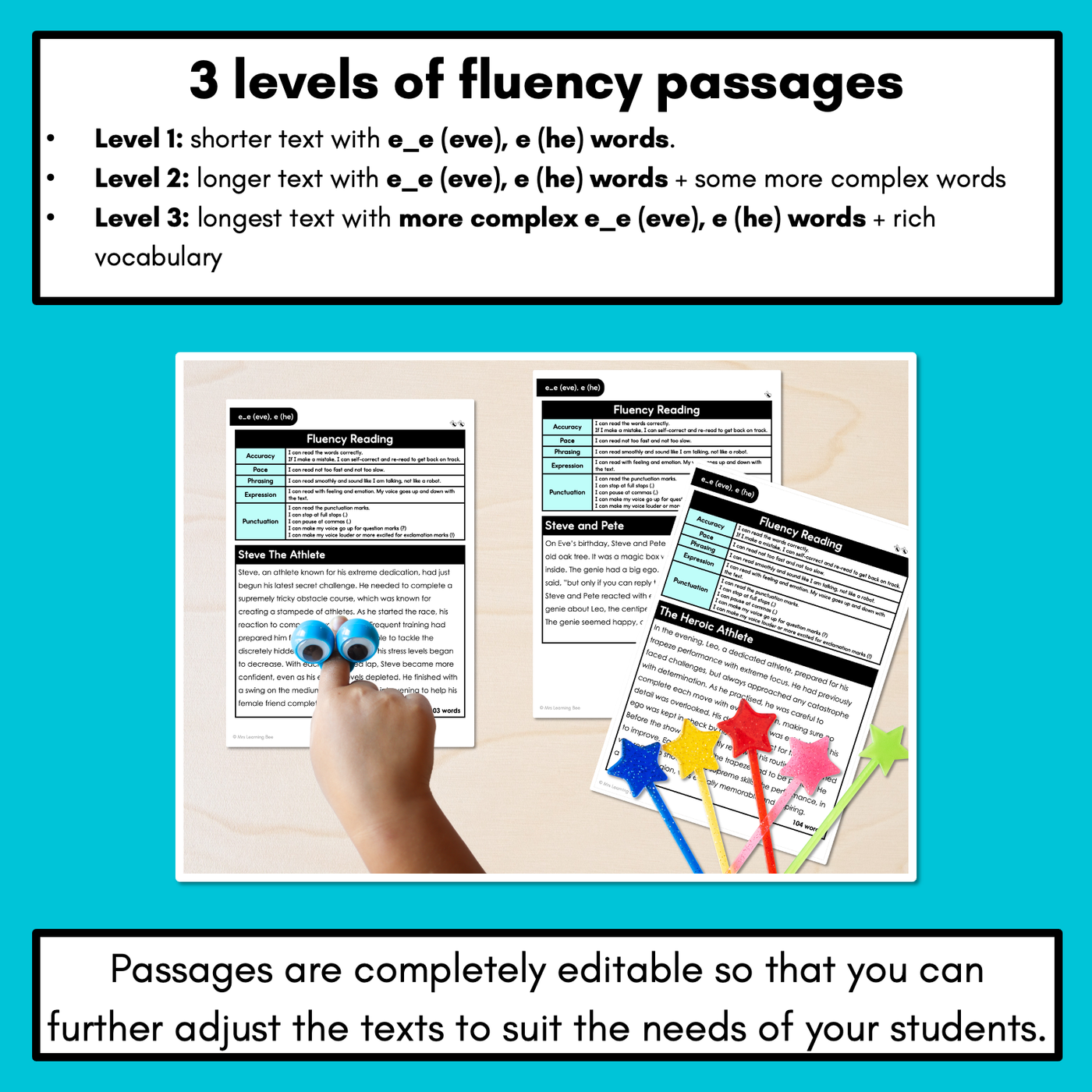 Editable Differentiated Decodable Fluency Texts - e_e (eve), e (he)