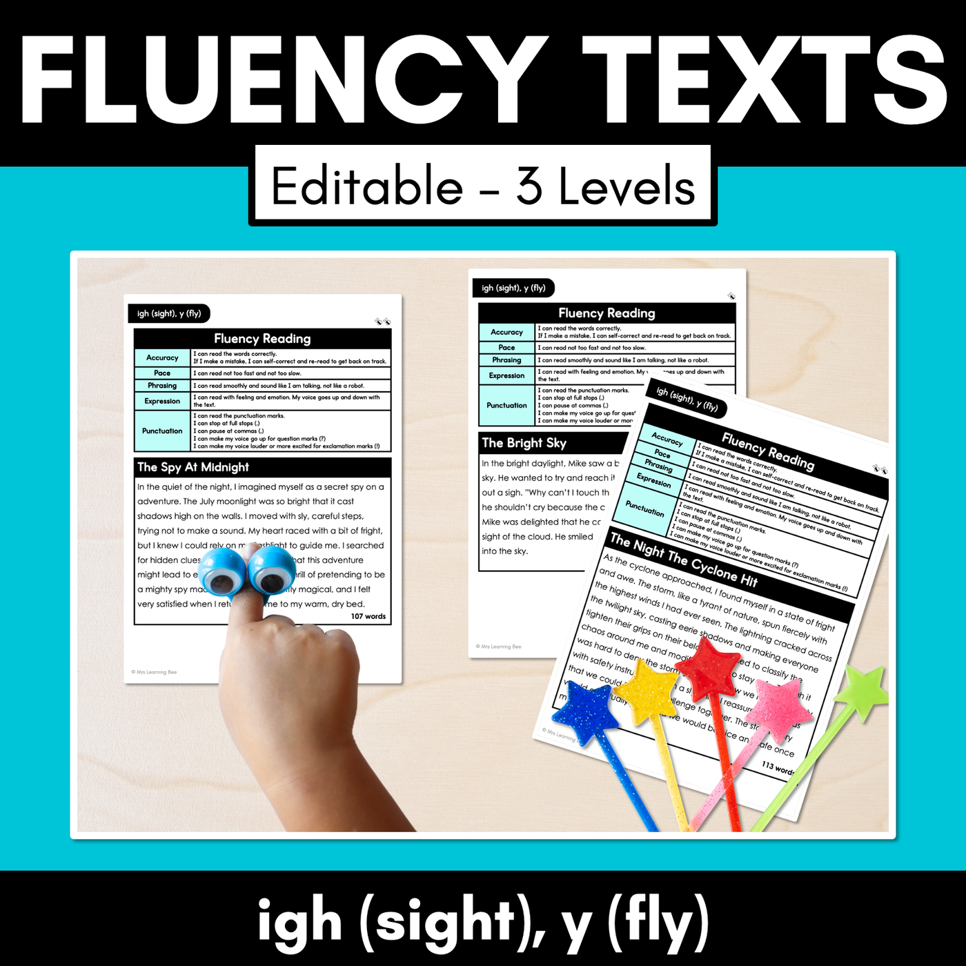 Editable Differentiated Decodable Fluency Texts - igh (sight), y (fly)