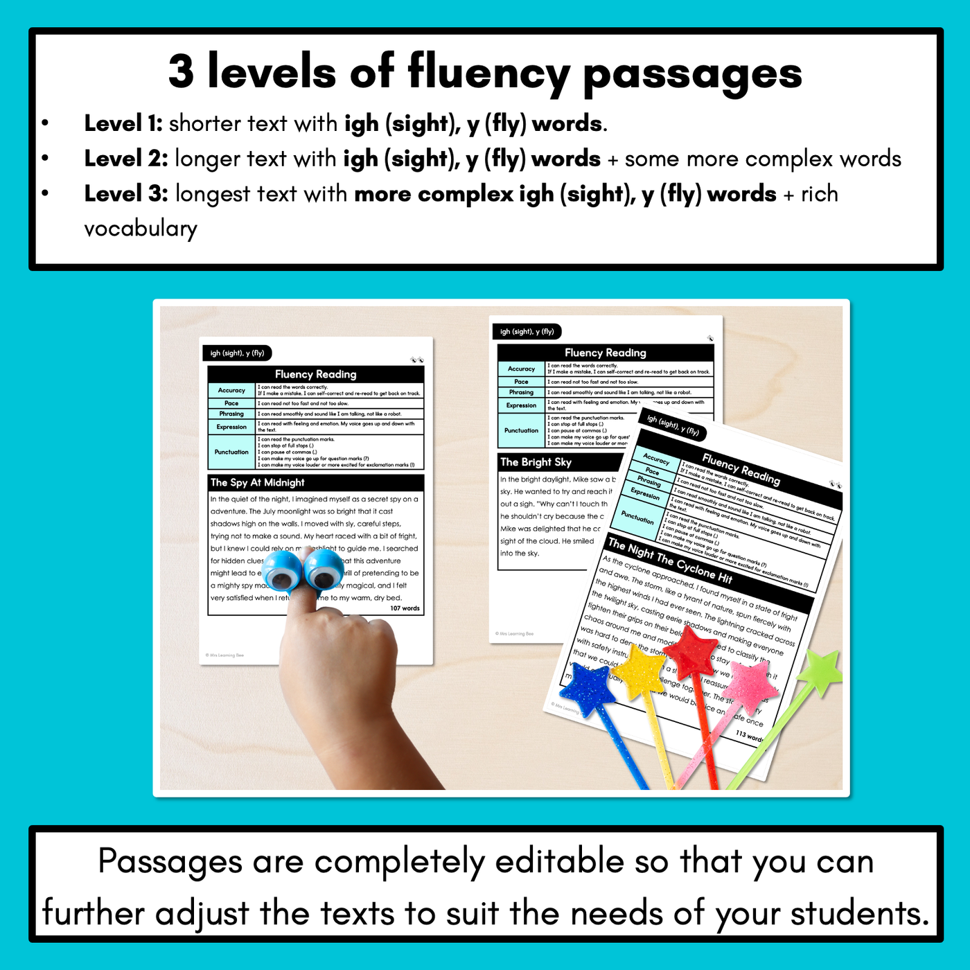 Editable Differentiated Decodable Fluency Texts - igh (sight), y (fly)