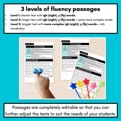 Editable Differentiated Decodable Fluency Texts - igh (sight), y (fly)