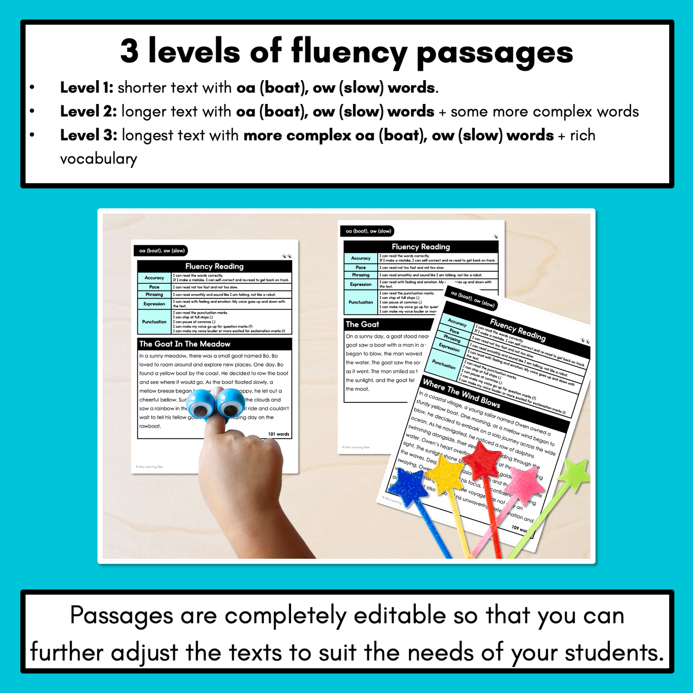 Editable Differentiated Decodable Fluency Texts - oa (boat), ow (slow)