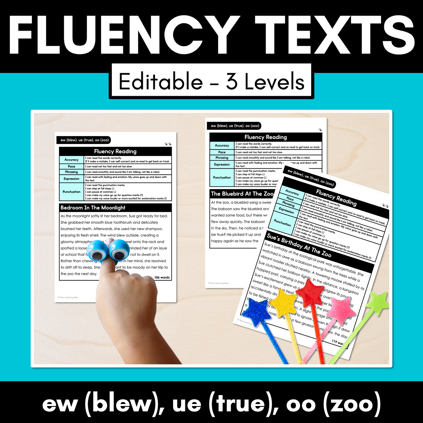 Editable Differentiated Decodable Fluency Texts - ew (blew), ue (true), oo (zoo)