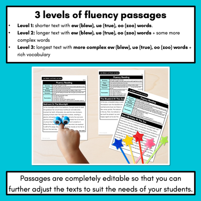 Editable Differentiated Decodable Fluency Texts - ew (blew), ue (true), oo (zoo)