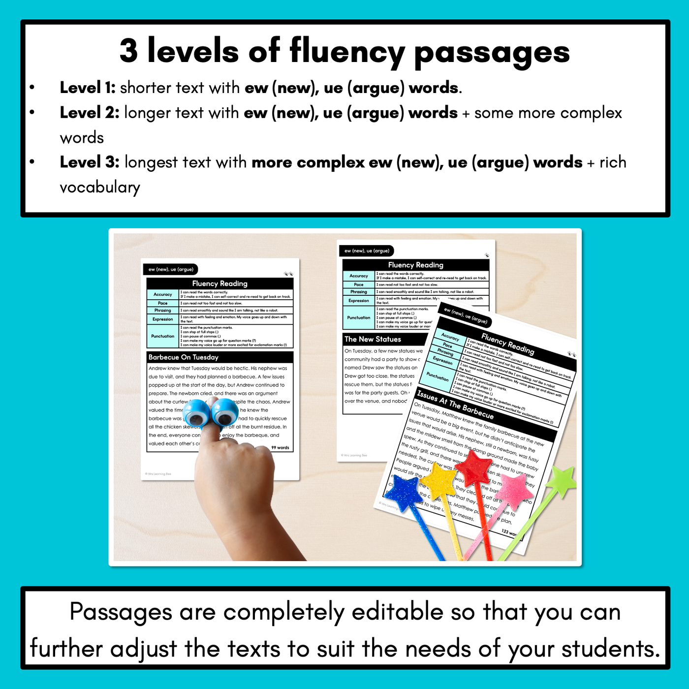 Editable Differentiated Decodable Fluency Texts - ew (new), ue (argue)