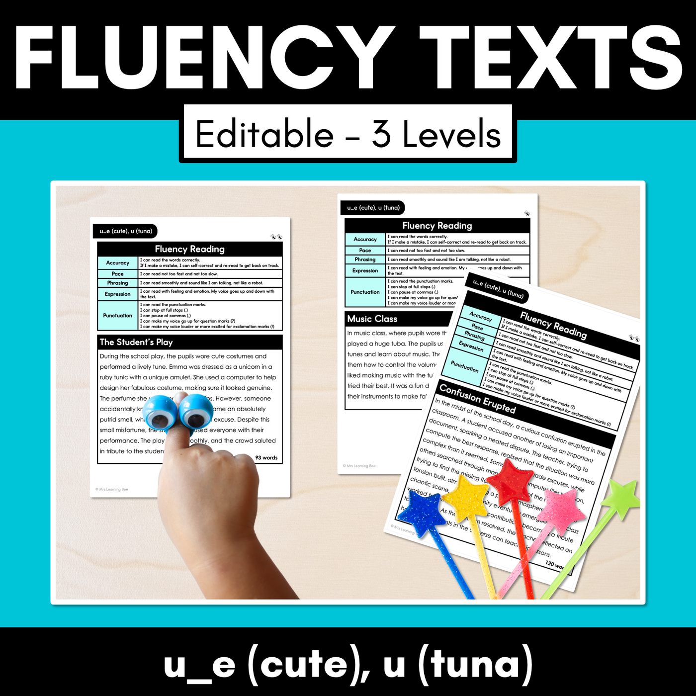 Editable Differentiated Decodable Fluency Texts - u_e (cute), u (tuna)