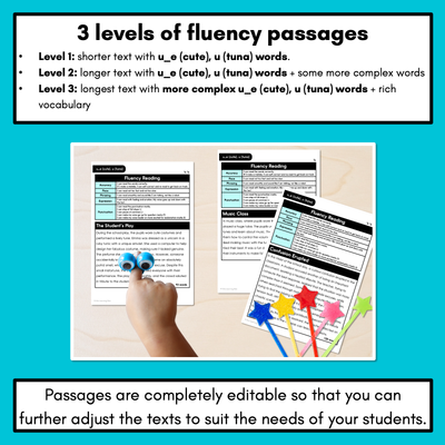 Editable Differentiated Decodable Fluency Texts - u_e (cute), u (tuna)