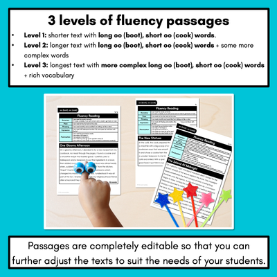 Editable Differentiated Decodable Fluency Texts - long oo (boot), short oo (cook)