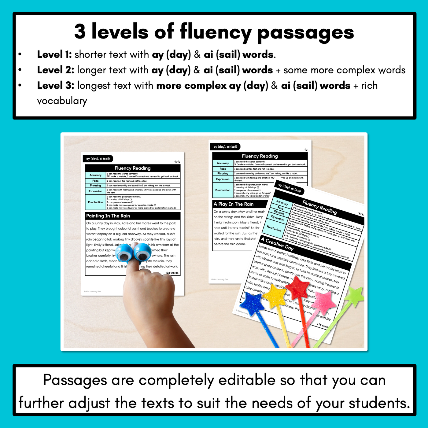 Editable Differentiated Decodable Fluency Texts - ay (day), ai (sail)