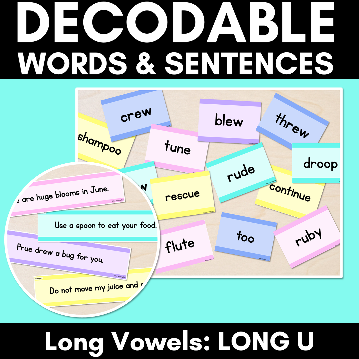 Long Vowel U Decodable Words and Sentence Cards