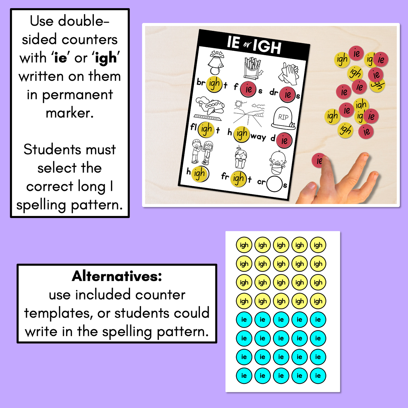 IE or IGH - Pick the correct spelling pattern - Long I Printables